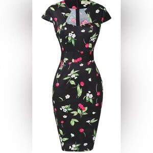 Floral Cherry Print Black Dress